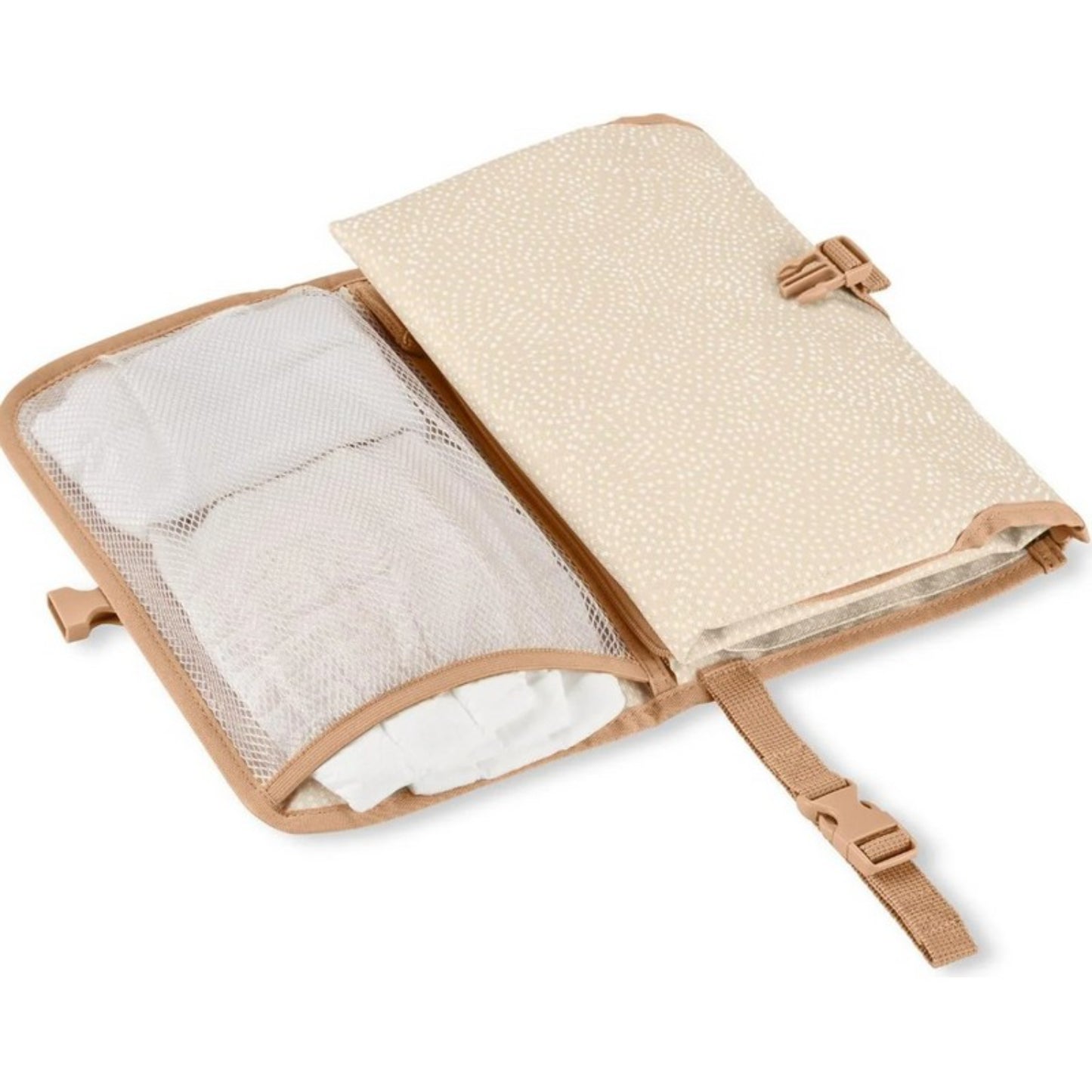 Organizador de pañales SKIP*HOP color beige, vista abierta con compartimento de malla