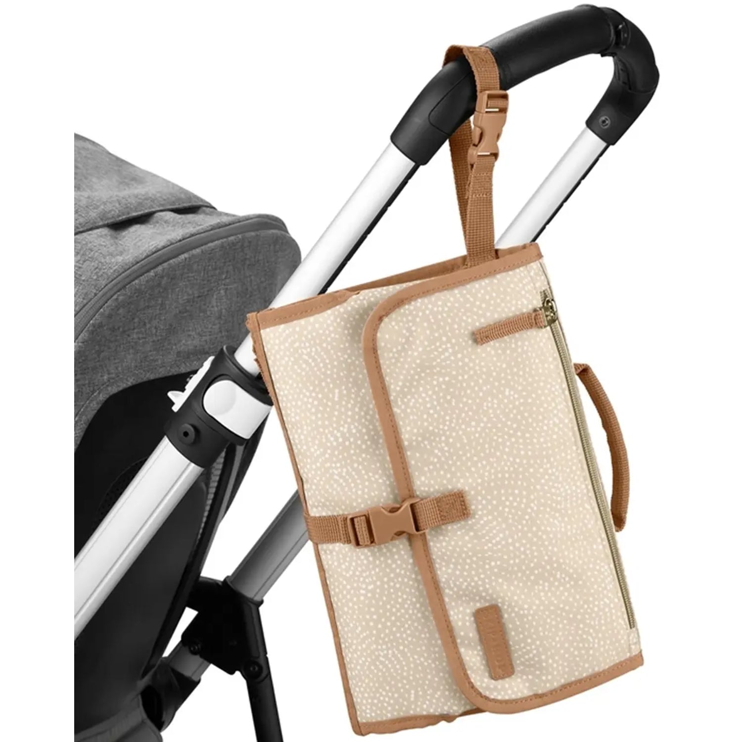 Bolsa organizadora beige para cochecito, vista lateral, ideal para padres