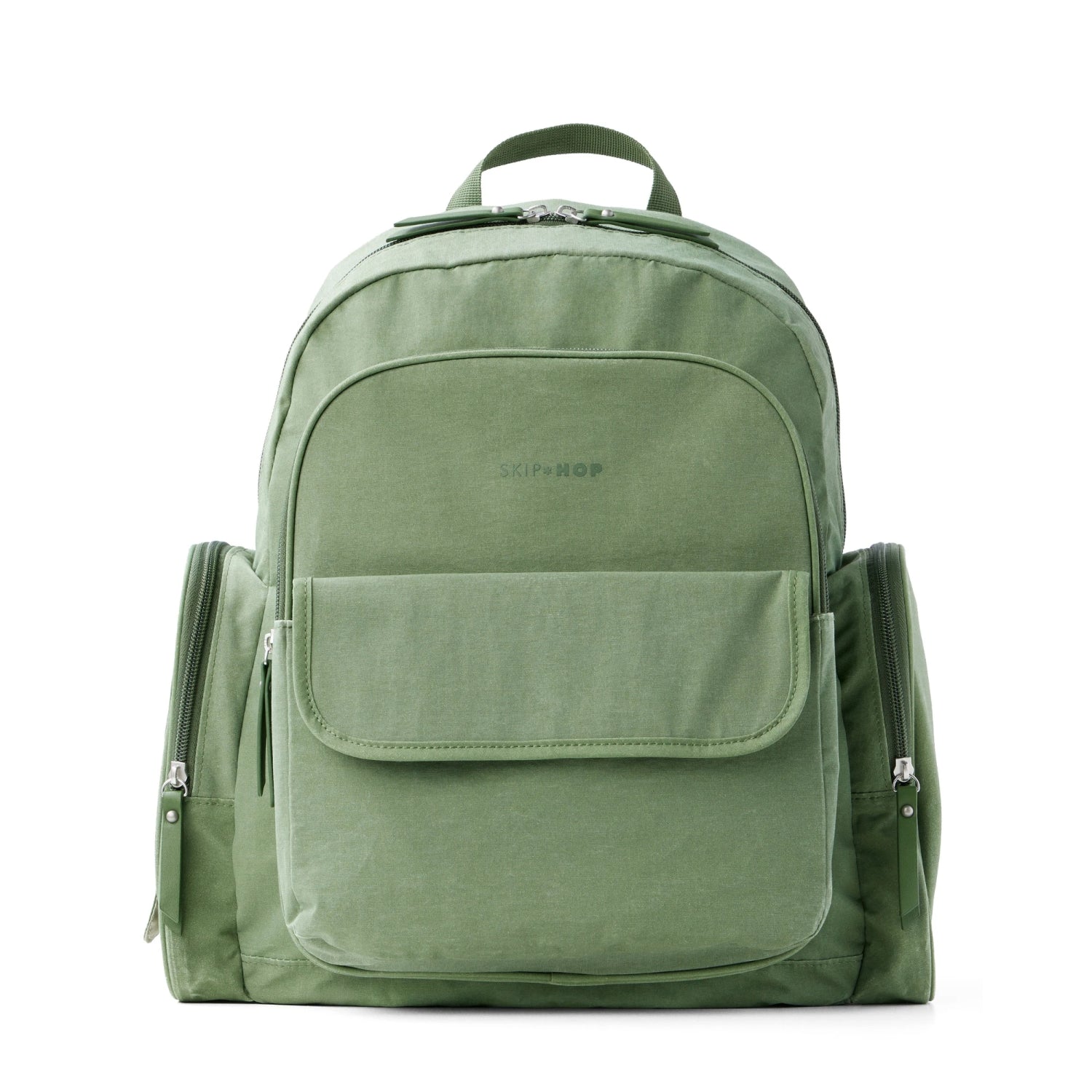 Pañalera verde SKIP*HOP de vista frontal, ideal para padres y bebés