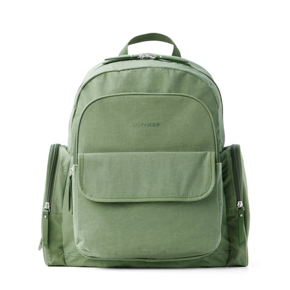 Pañalera verde SKIP*HOP de vista frontal, ideal para padres y bebés
