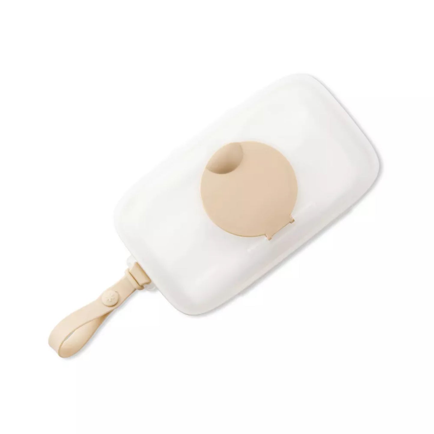 Caja blanca de toallitas húmedas con tapa beige, vista superior