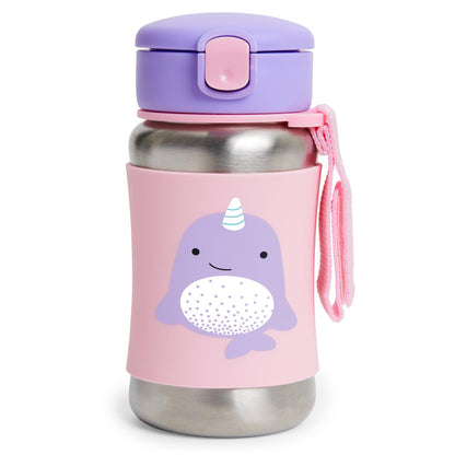 Botella de agua rosa con diseño de narval y tapa morada, ideal para niños