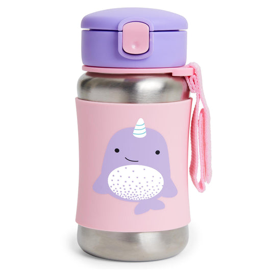 Botella de agua rosa con diseño de narval y tapa morada, ideal para niños