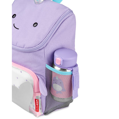 Mochila SKIP*HOP morada con diseño sonriente y bolsillo lateral para botella