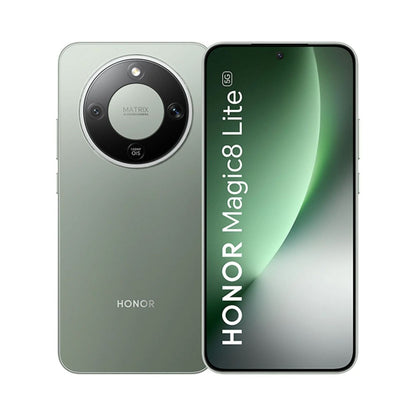 smartphone honor Magic8 Lite verde, frontal y trasera, diseño moderno