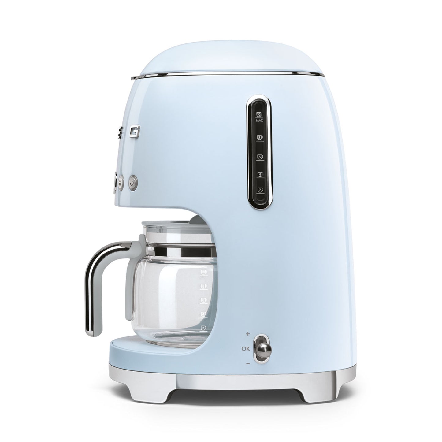 Cafetera azul claro lateral, diseño retro, ideal para preparar café