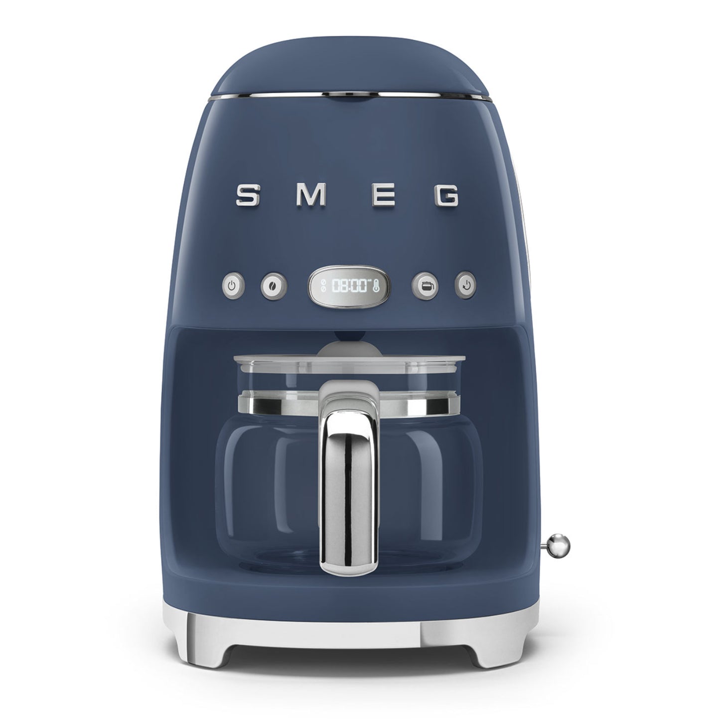 Cafetera azul SMEG frontal, elegante diseño y temporizador digital