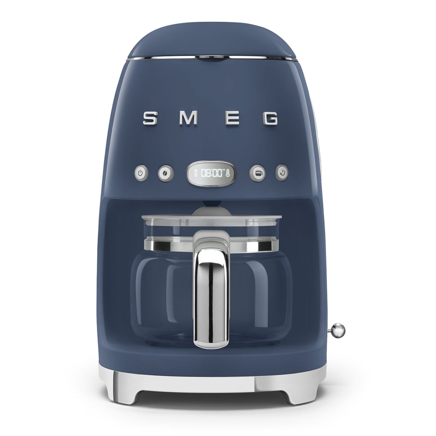 Cafetera azul SMEG frontal, elegante diseño y temporizador digital