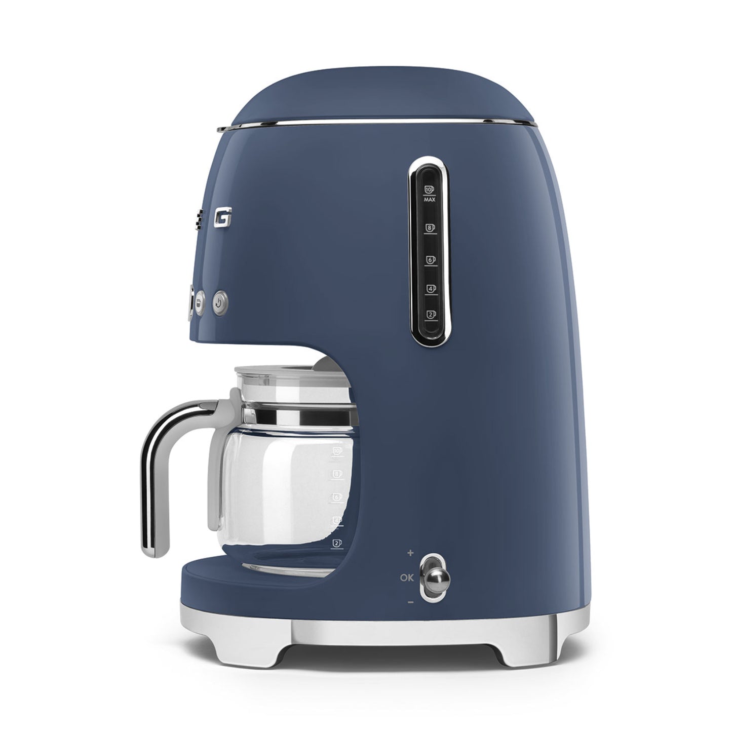 Cafetera SMEG azul marino lateral, diseño retro en la cocina