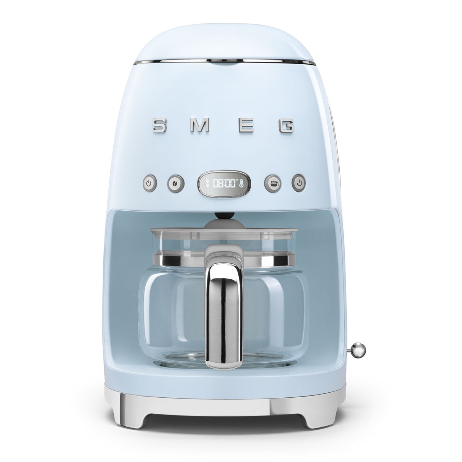 Cafetera azul Smeg frontal con jarra de vidrio y panel digital