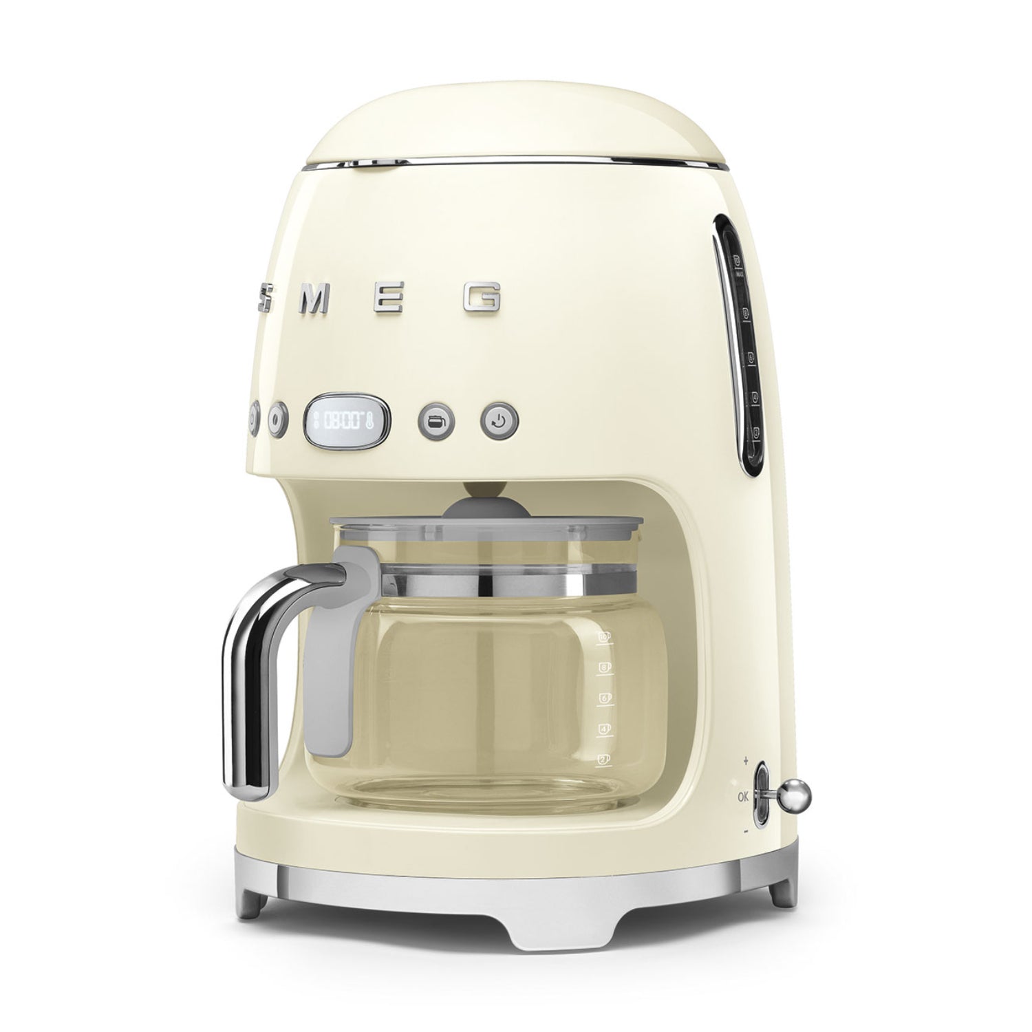 Cafetera SMEG color crema vista lateral con jarra de vidrio