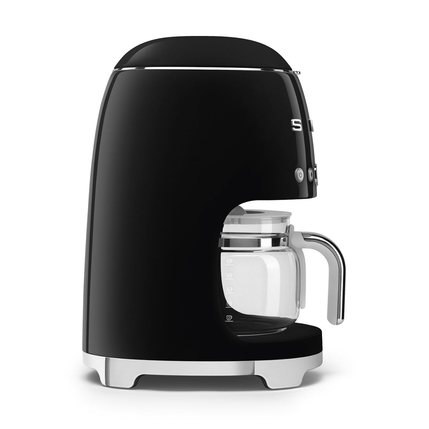 Cafetera negra SMEG con jarra de vidrio, diseño retro en cocina moderna
