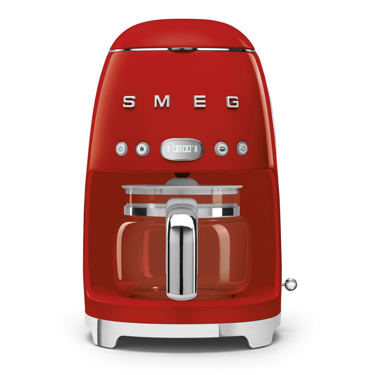 Cafetera roja SMEG frontal con jarra de vidrio, cocina moderna