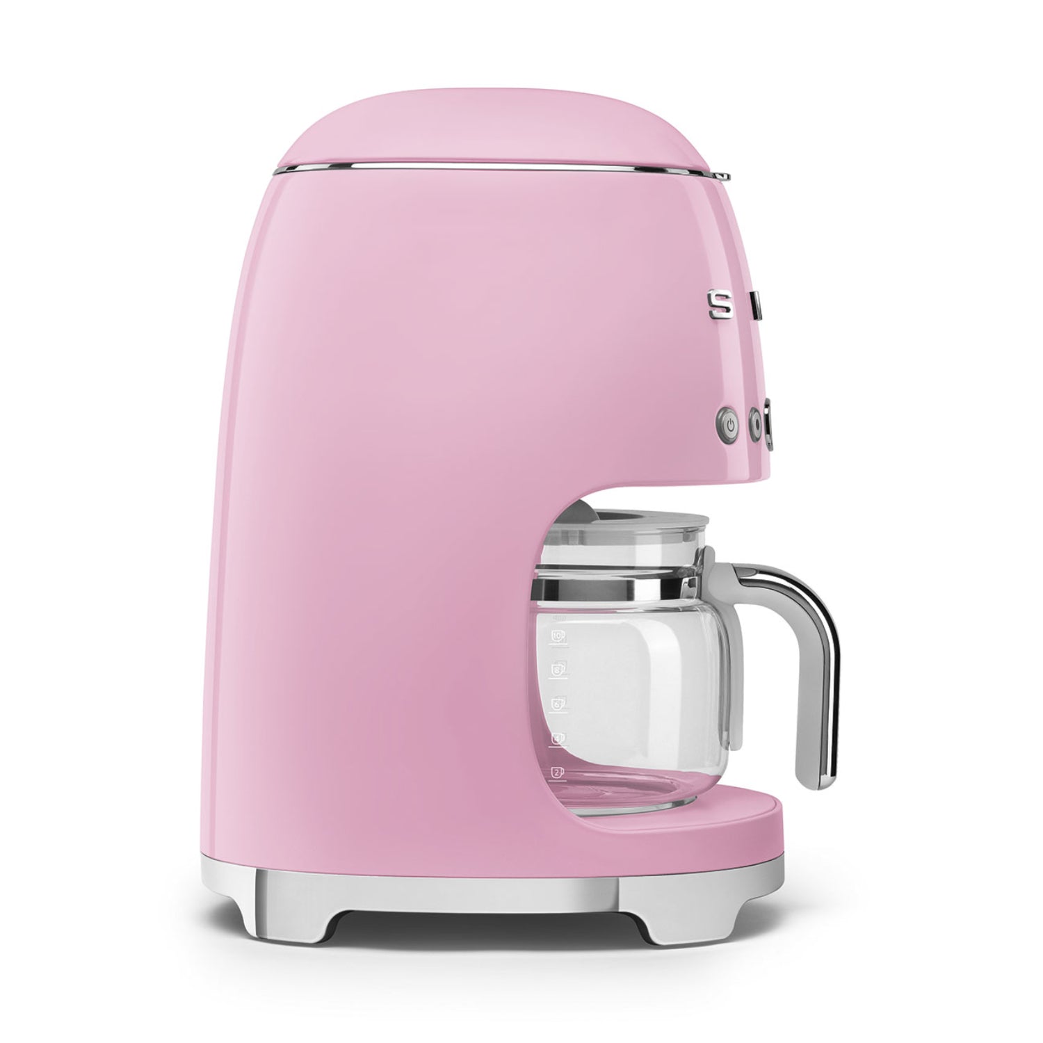 Cafetera rosa SMEG lateral, ideal para preparar café en casa