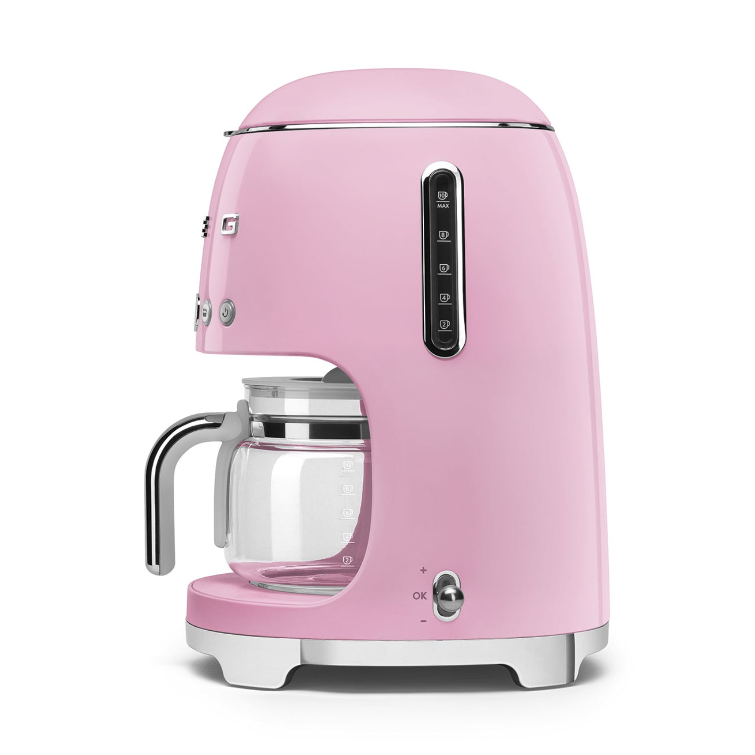 Cafetera rosa SMEG lateral, diseño retro en cocina moderna