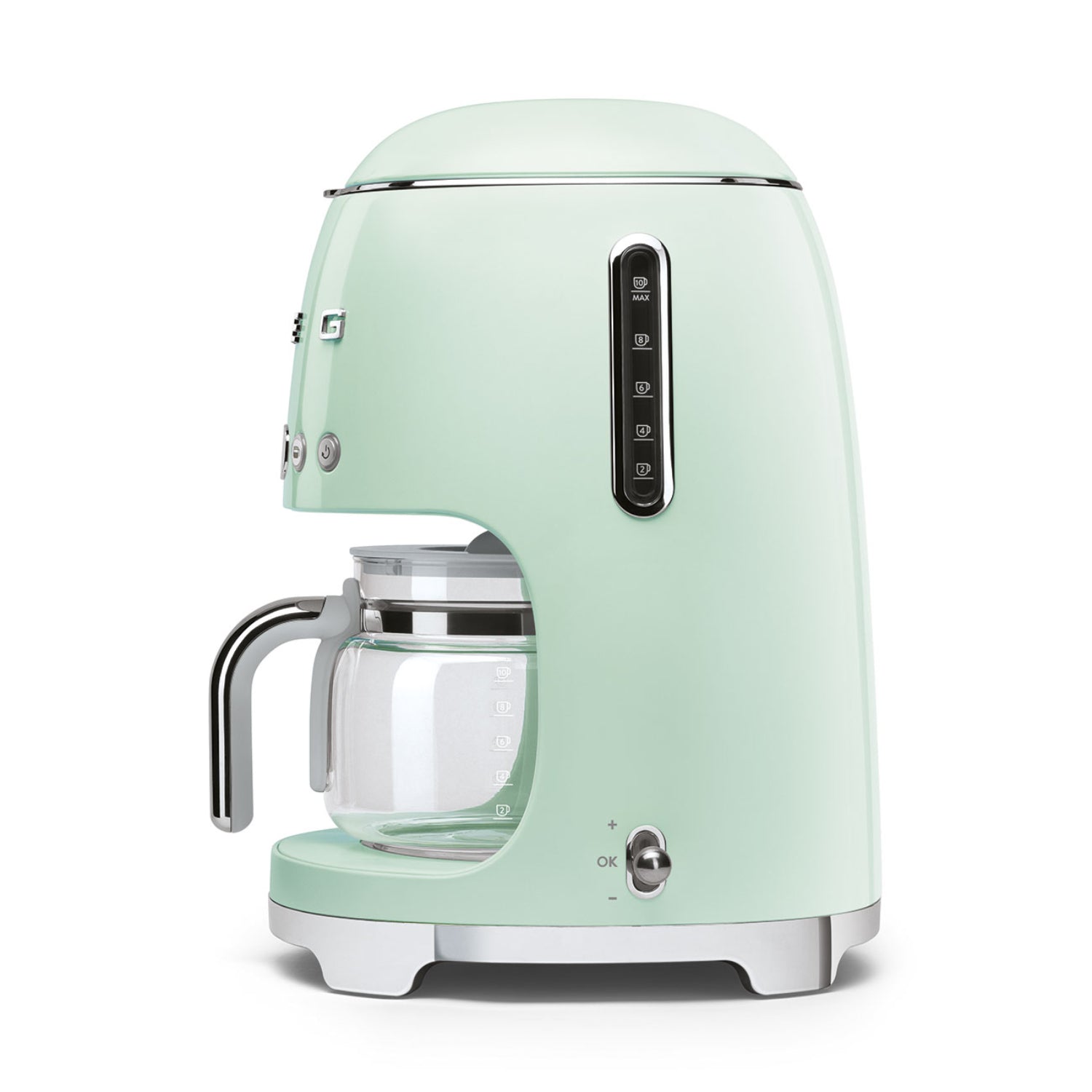 Cafetera verde menta vista lateral, diseño retro para cocina moderna