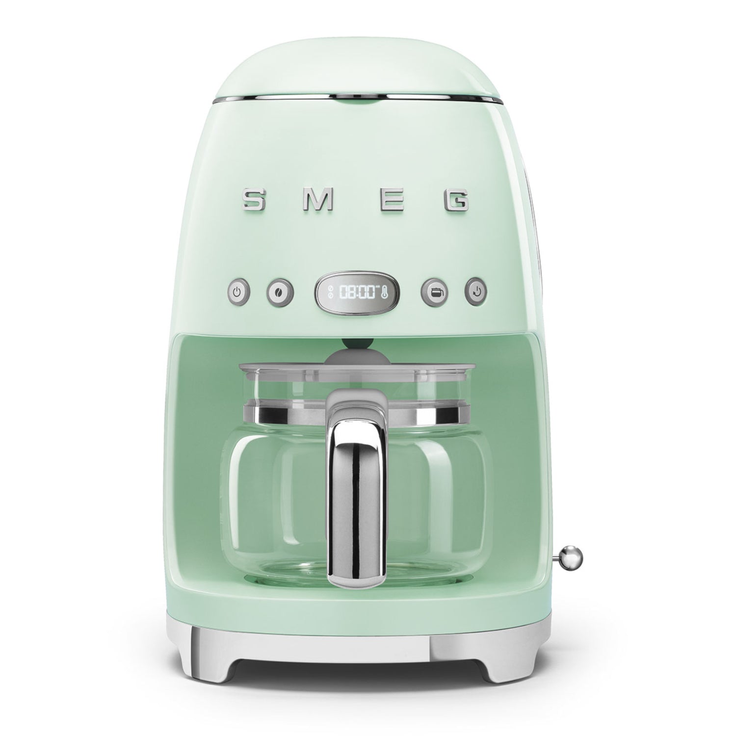 Cafetera verde pastel frontal, diseño elegante, cocina moderna