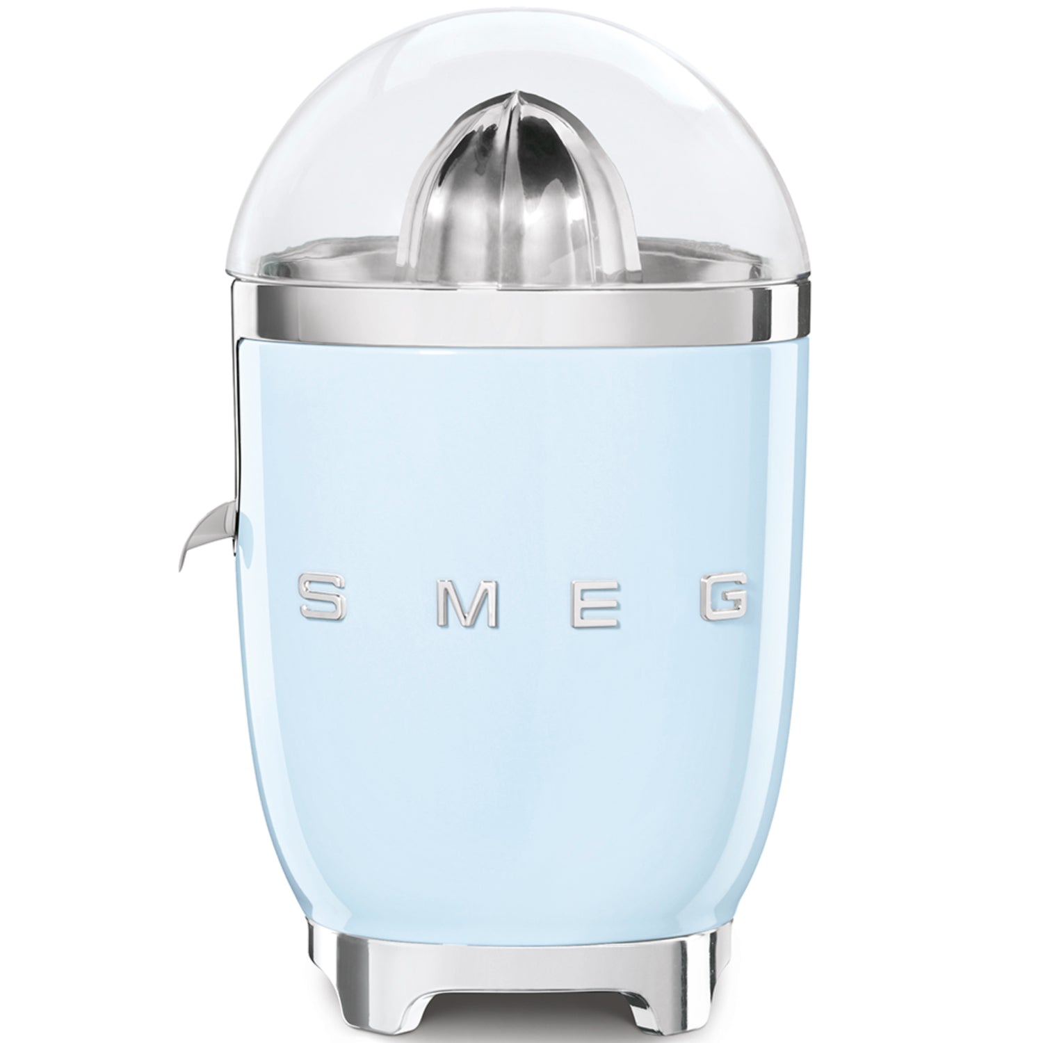 Exprimidor SMEG azul, frontal con tapa transparente, cocina moderna