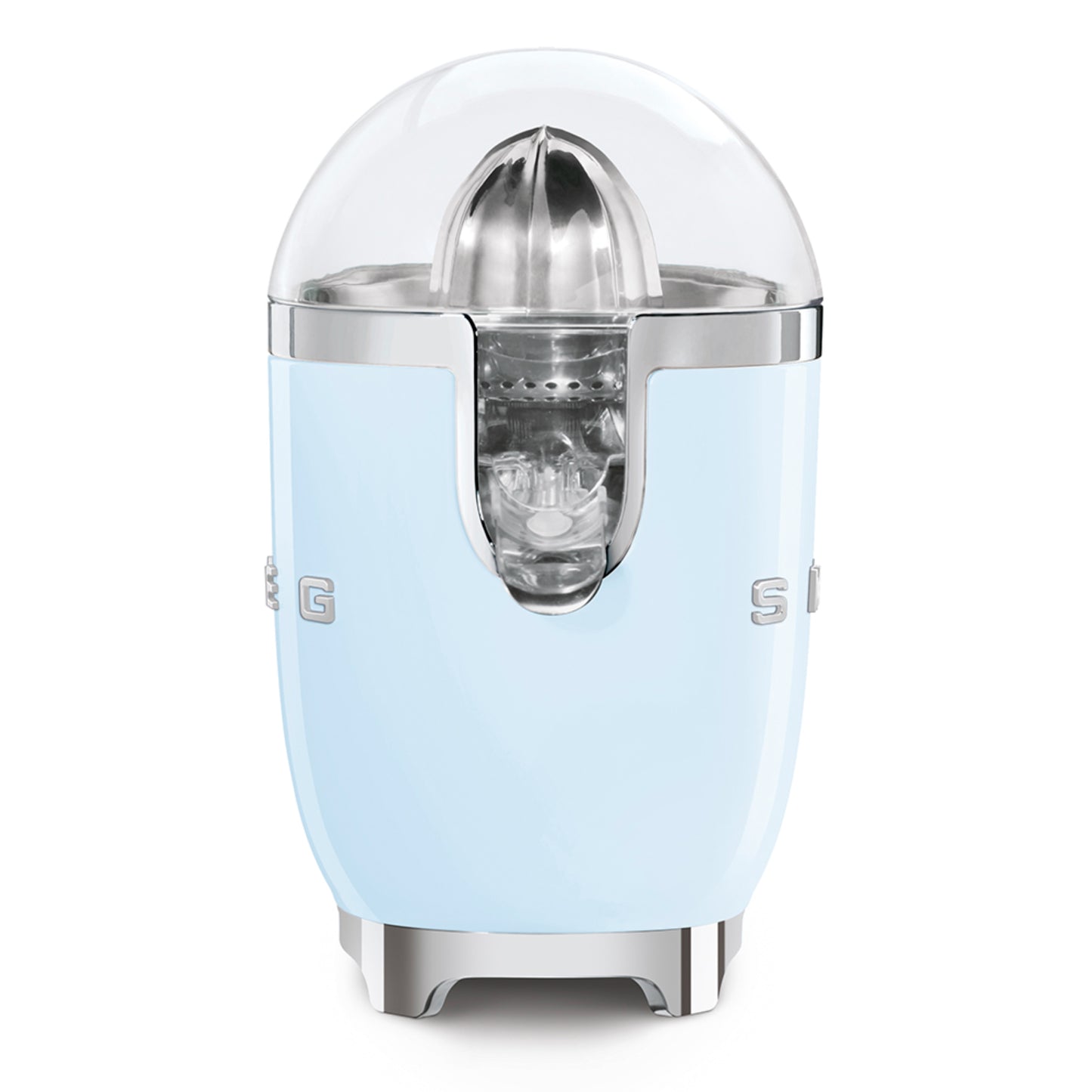 Exprimidor SMEG azul claro frontal, diseño retro en cocina moderna