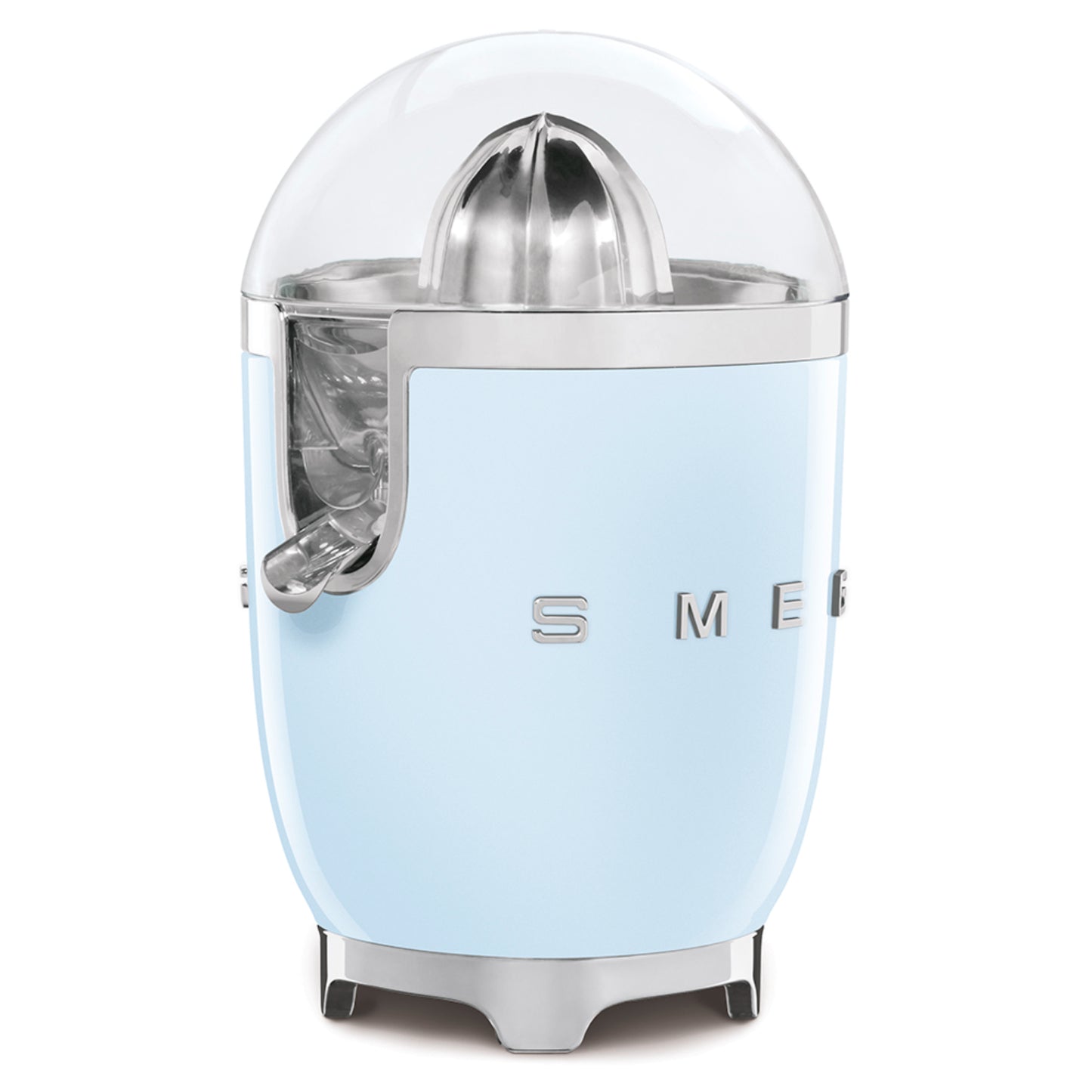 Exprimidor SMEG azul claro, vista lateral, estilo retro para cocina moderna