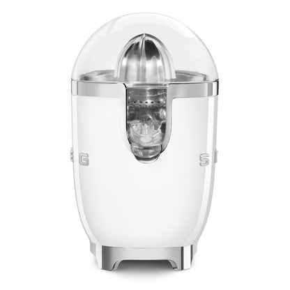 Exprimidor SMEG blanco frontal, diseño vintage, ideal para exprimir cítricos
