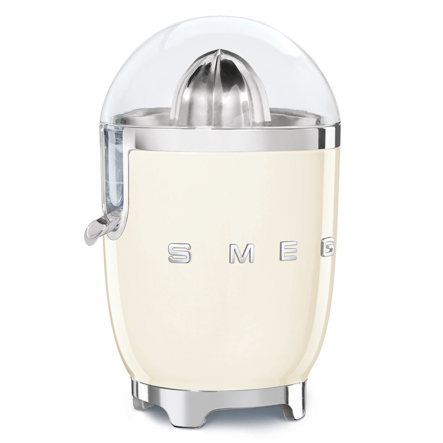 Exprimidor SMEG color crema, frontal con diseño elegante y tapa transparente