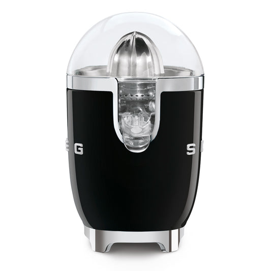 Exprimidor SMEG negro frontal, diseño retro, ideal para jugos