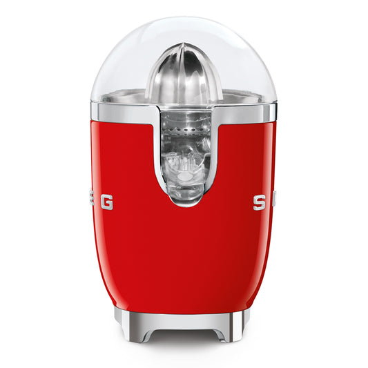 Exprimidor rojo frontal, diseño moderno y elegante para preparar jugos frescos