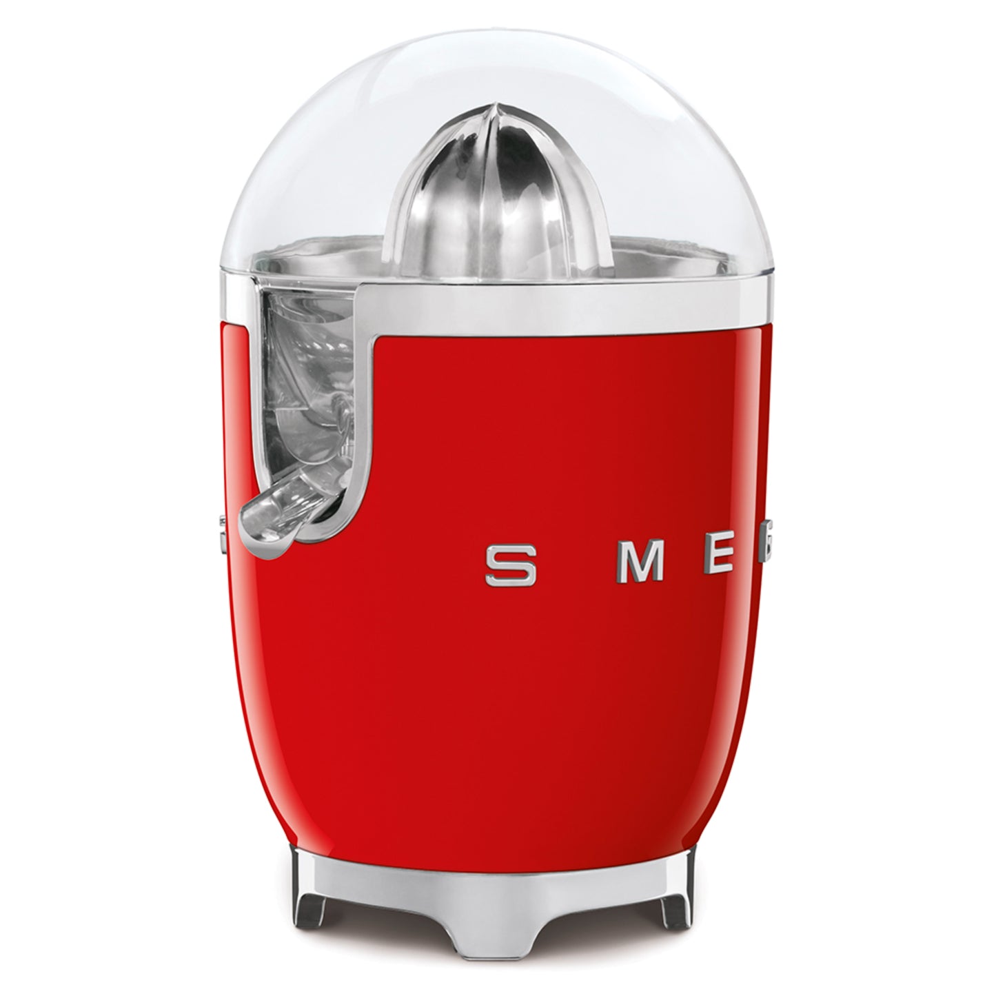 Exprimidor rojo SMEG, frontal con tapa transparente y diseño vintage