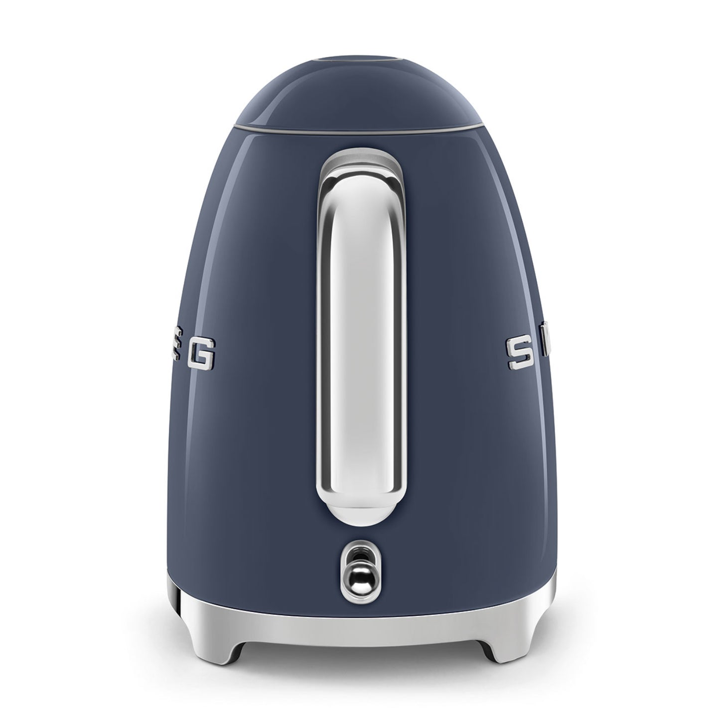 Hervidor SMEG azul oscuro, vista frontal con detalles brillantes