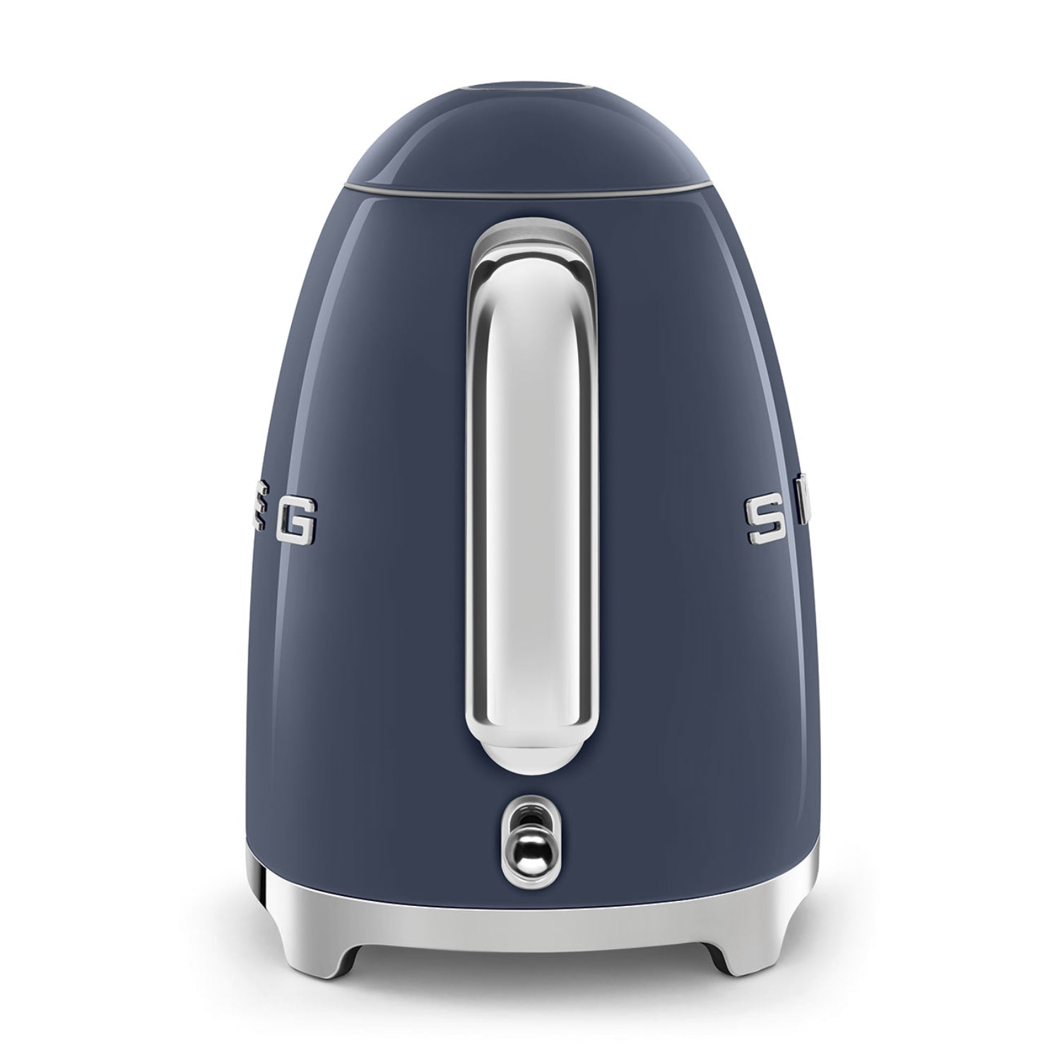 Hervidor SMEG azul oscuro, vista frontal con detalles brillantes