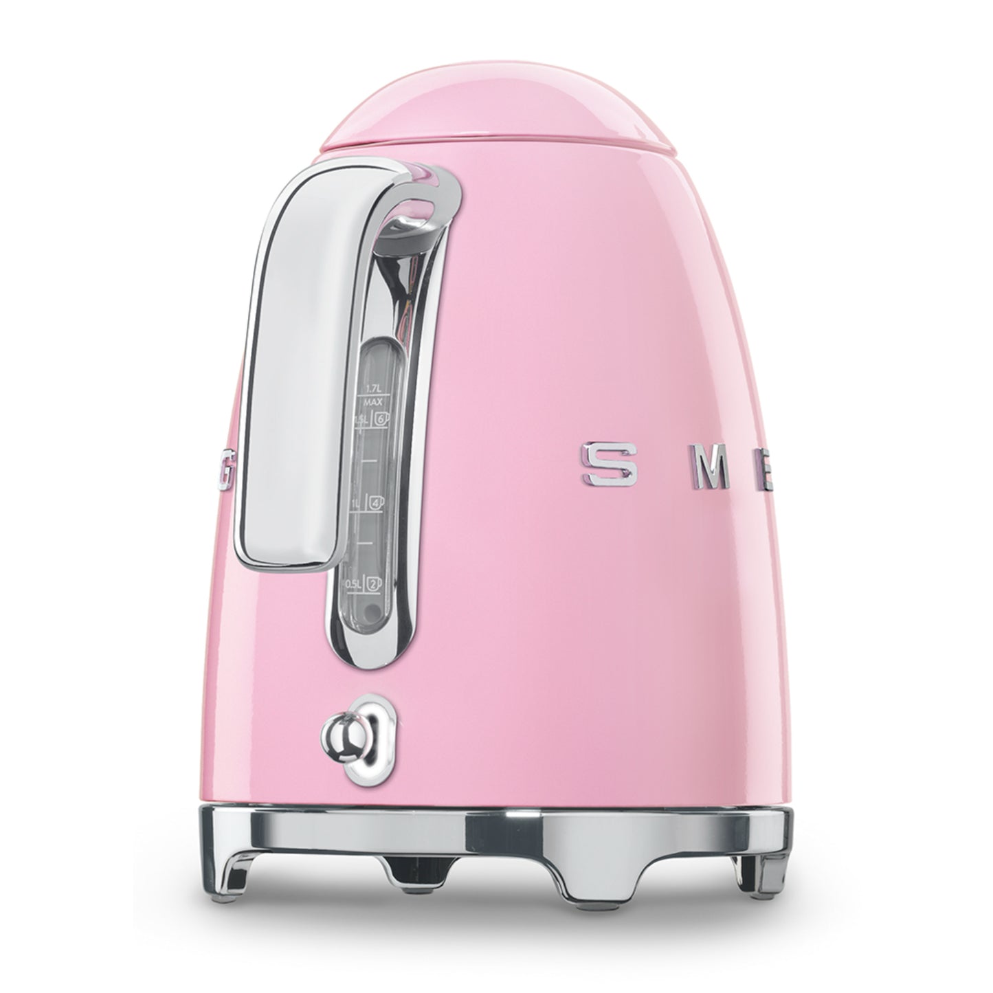 Hervidor SMEG rosa, vista lateral con diseño retro y detalles cromados.