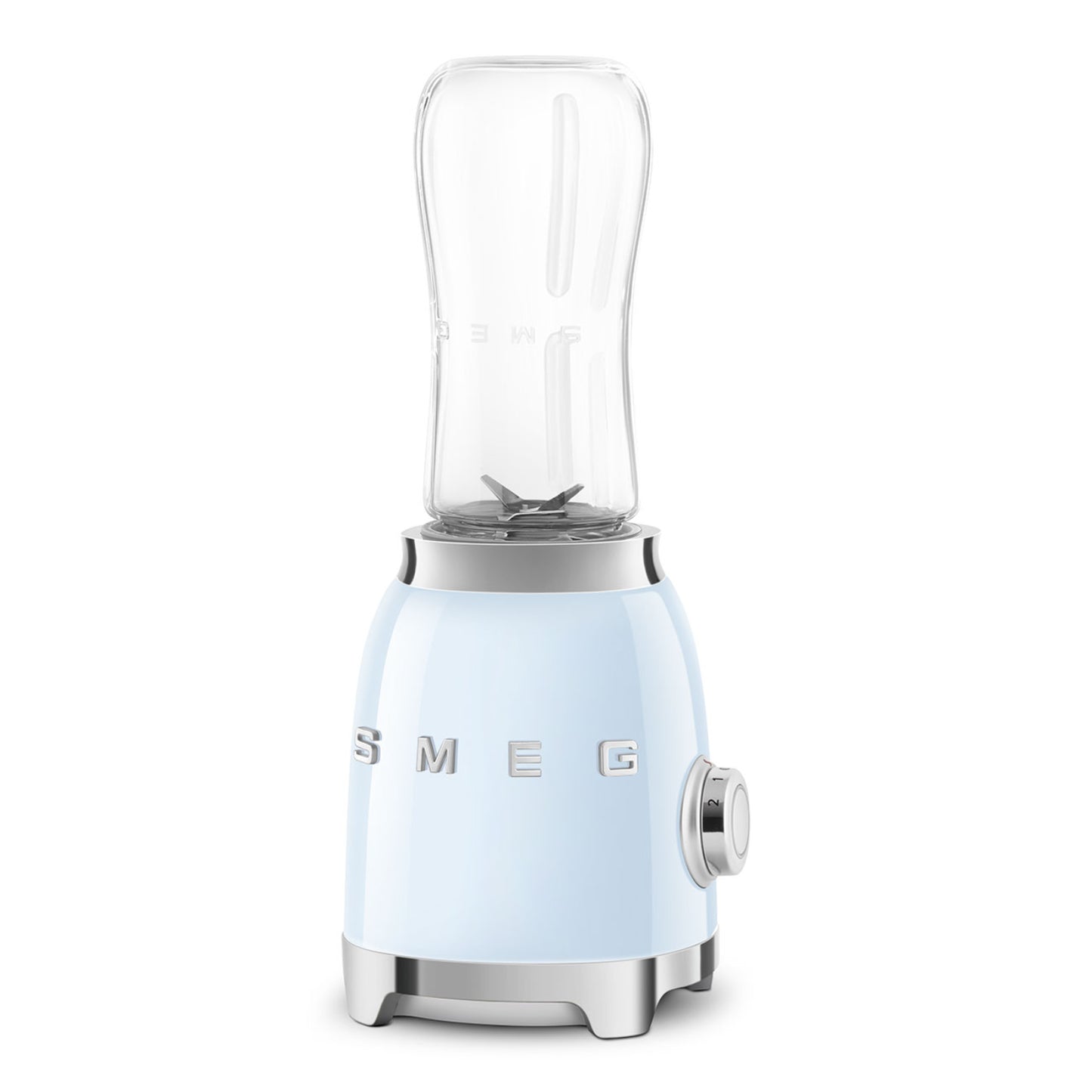 Licuadora azul pastel frontal, cocina moderna