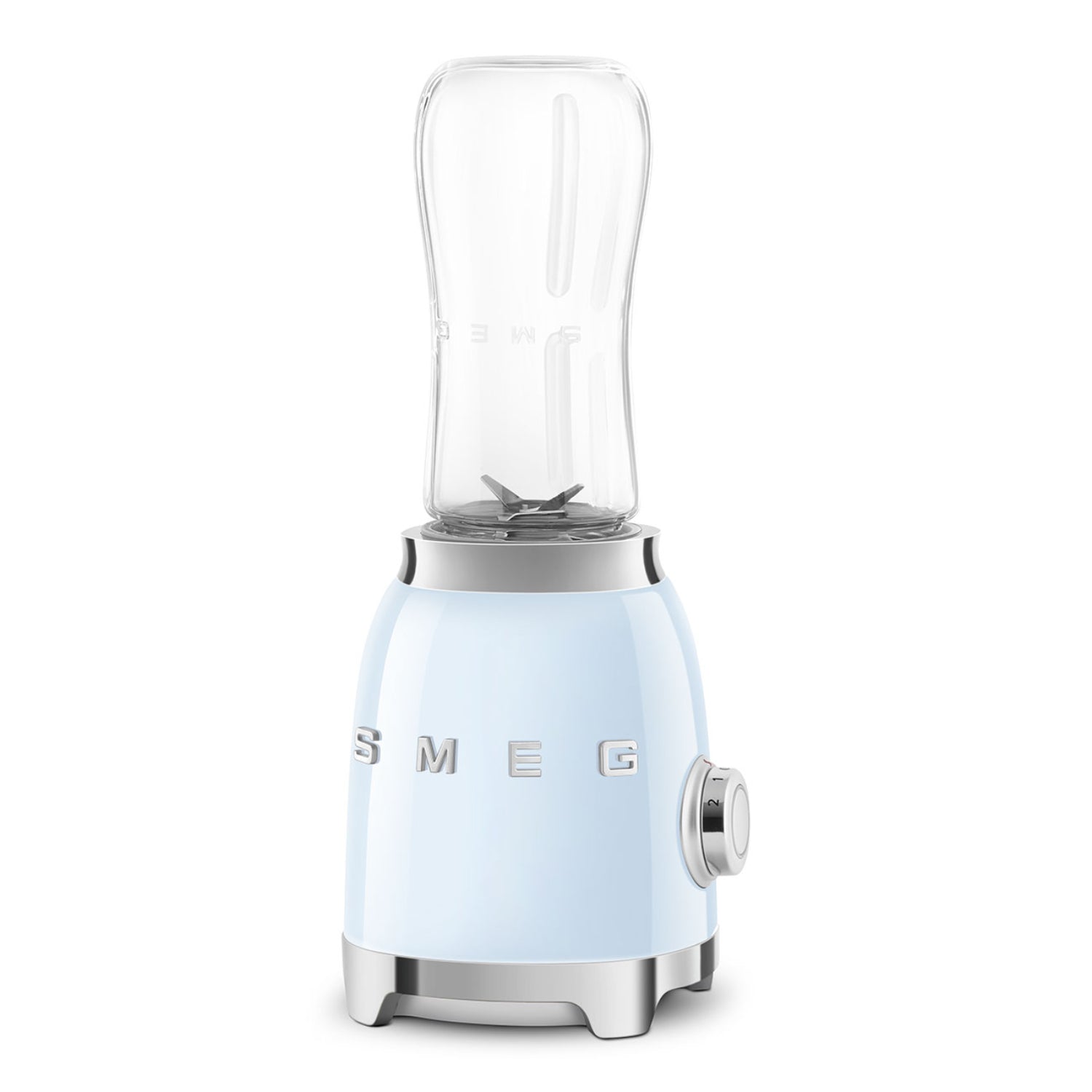 Licuadora azul pastel frontal, cocina moderna