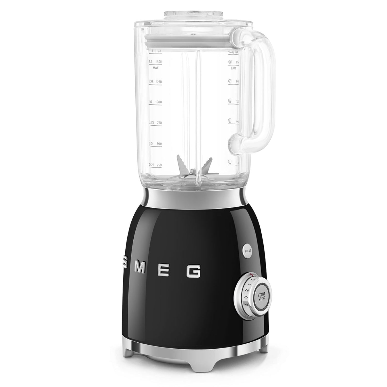Licuadora SMEG negra vista lateral, ideal para preparar batidos y smoothies.