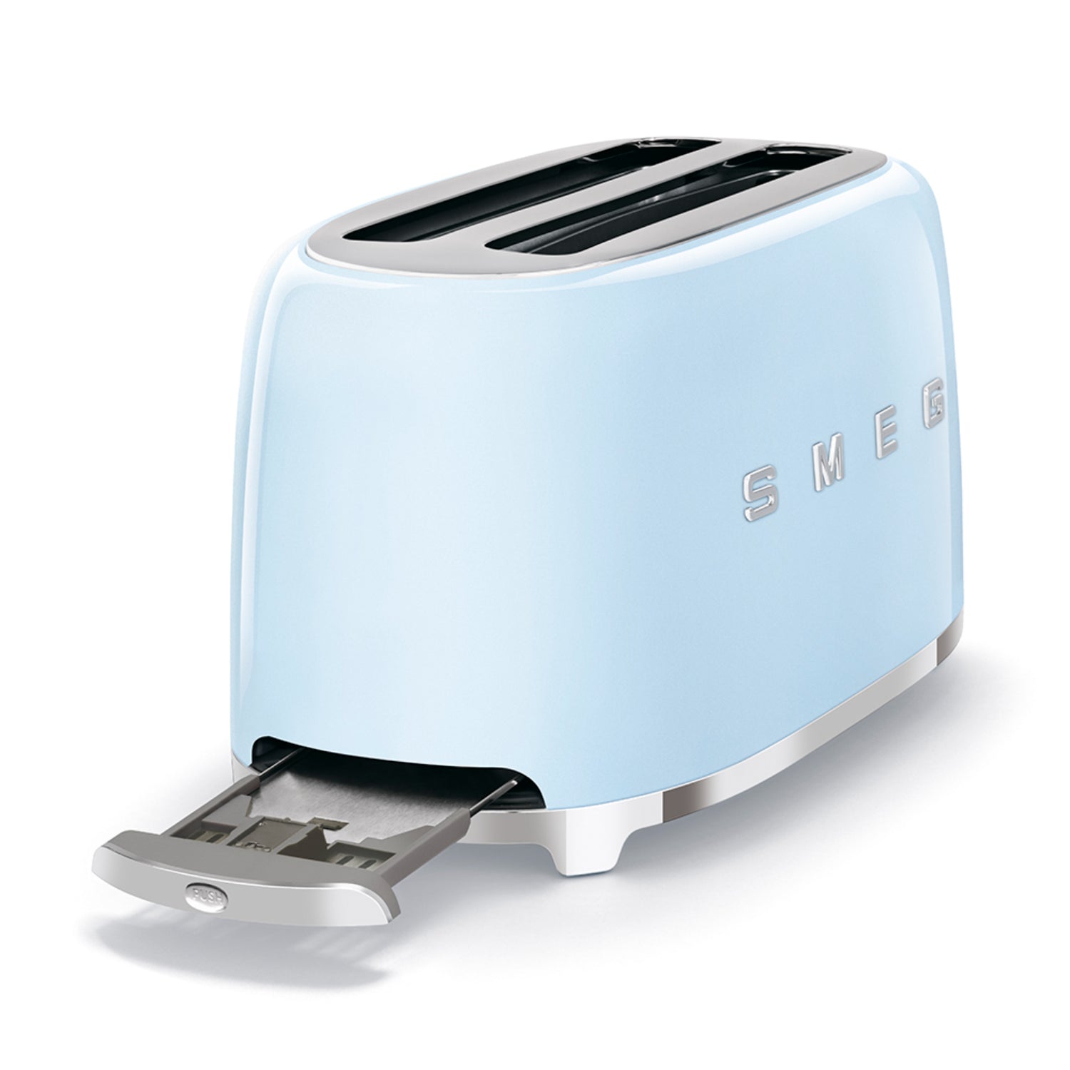 Tostadora SMEG azul claro vista lateral, ideal para cocina moderna