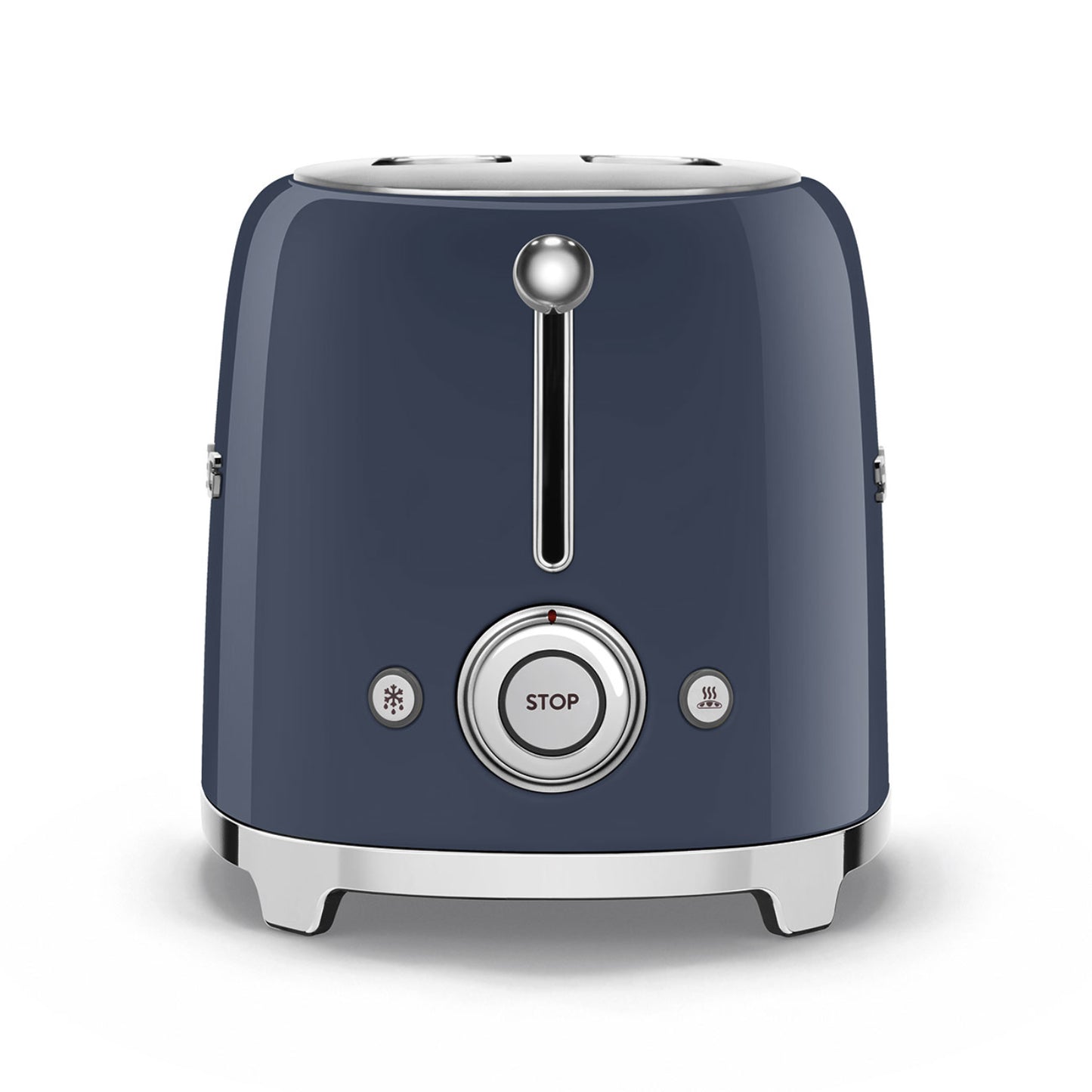 Tostadora SMEG azul con botones de control y diseño vintage, vista frontal.