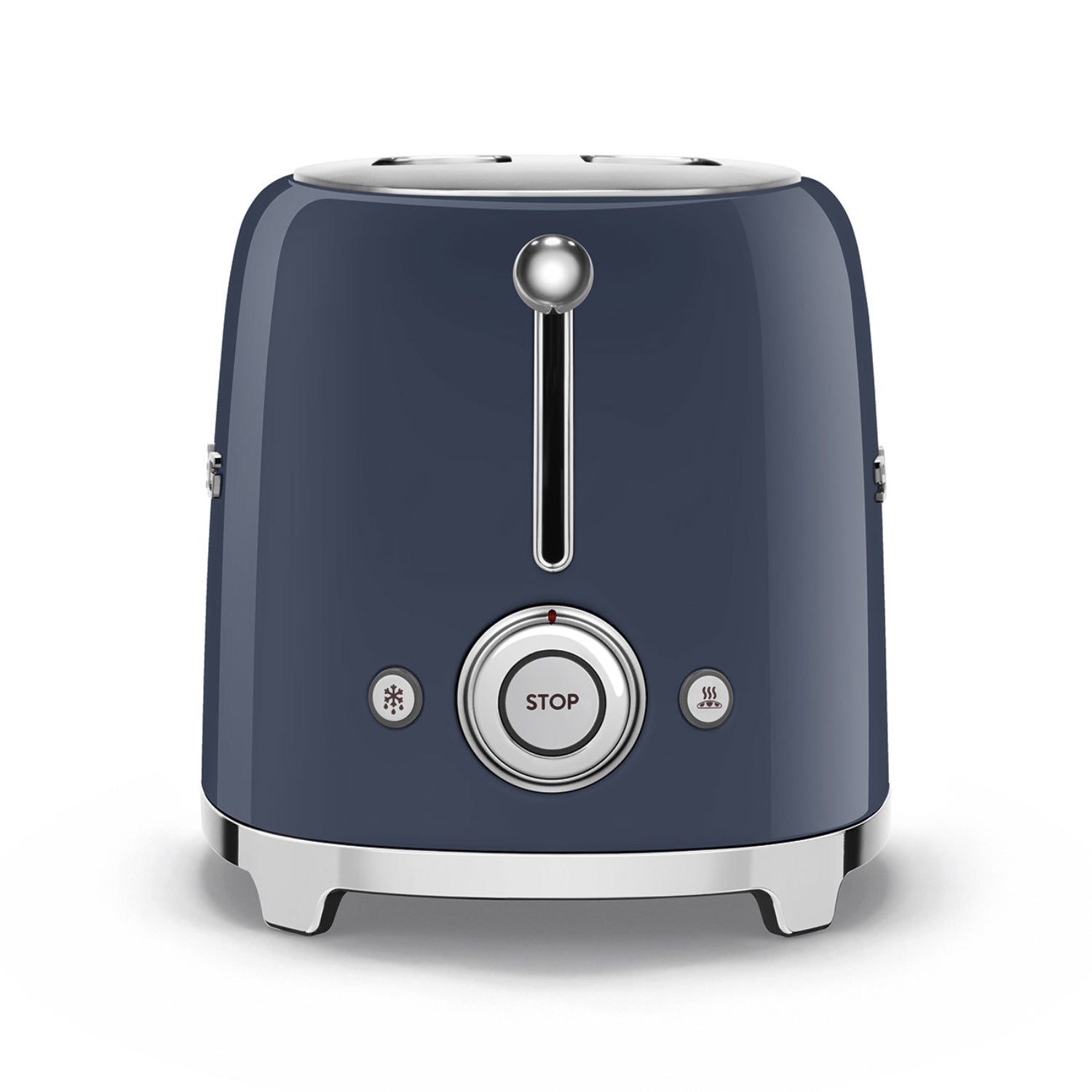 Tostadora SMEG azul con botones de control y diseño vintage, vista frontal.