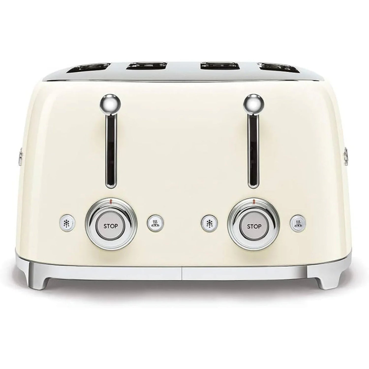 Tostadora SMEG blanca frontal, diseño vintage en la cocina