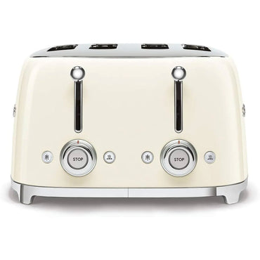 Tostadora SMEG blanca frontal, diseño vintage en la cocina