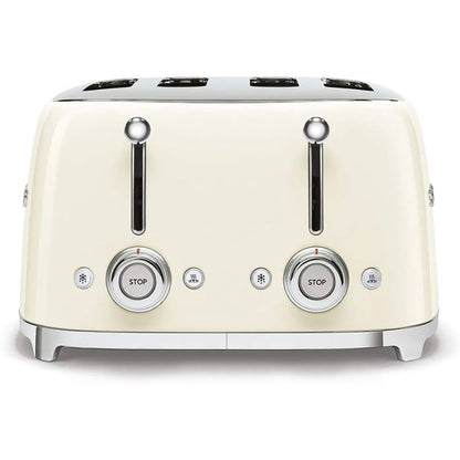 Tostadora SMEG blanca frontal, diseño vintage en la cocina