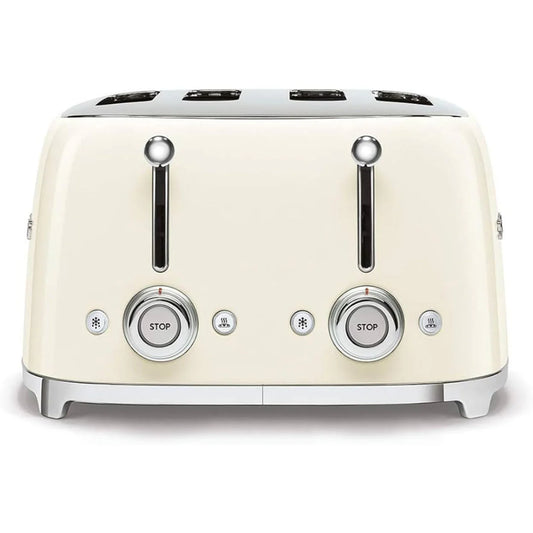 Tostadora SMEG blanca frontal, diseño vintage en la cocina