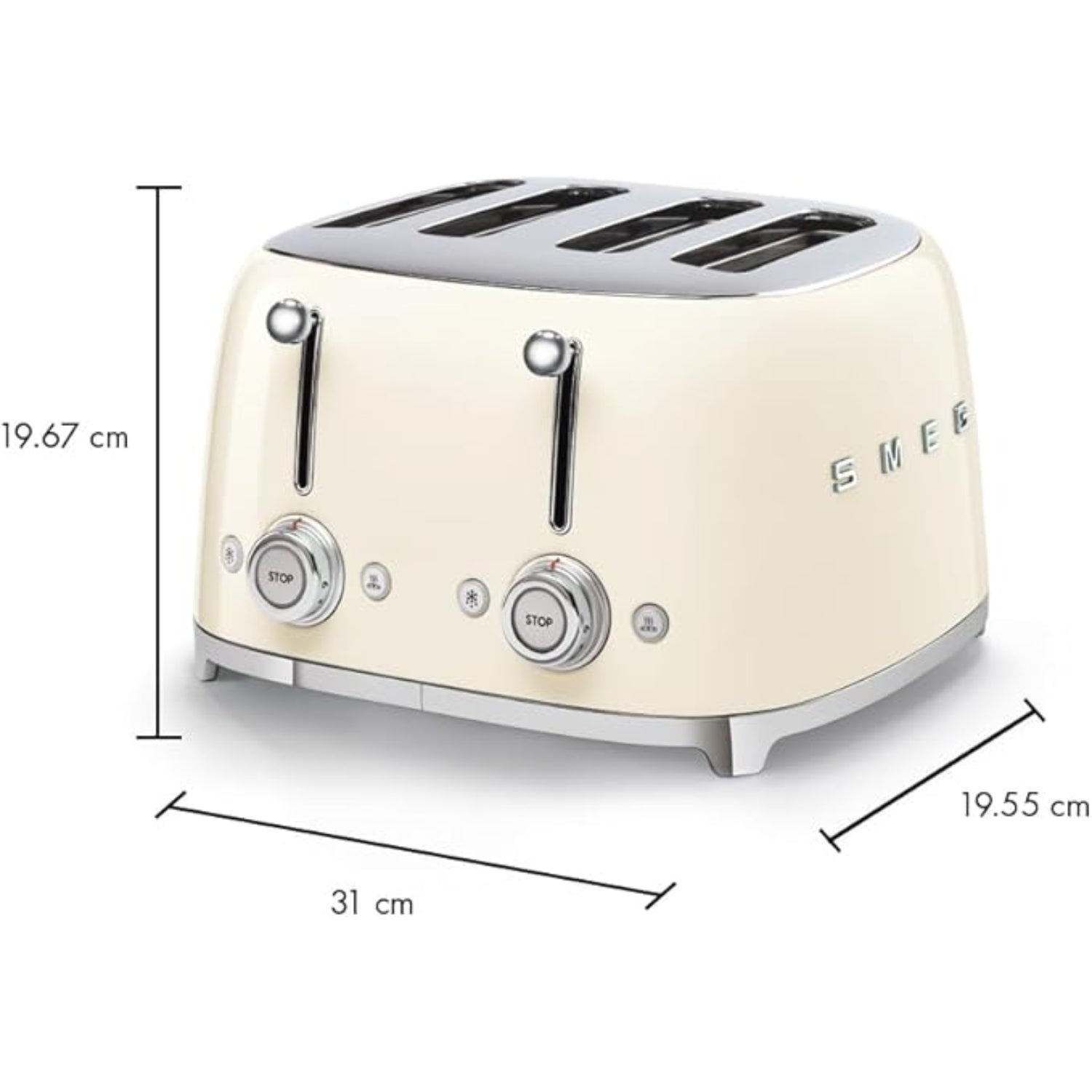Tostadora SMEG crema frontal, cuatro ranuras, cocina moderna