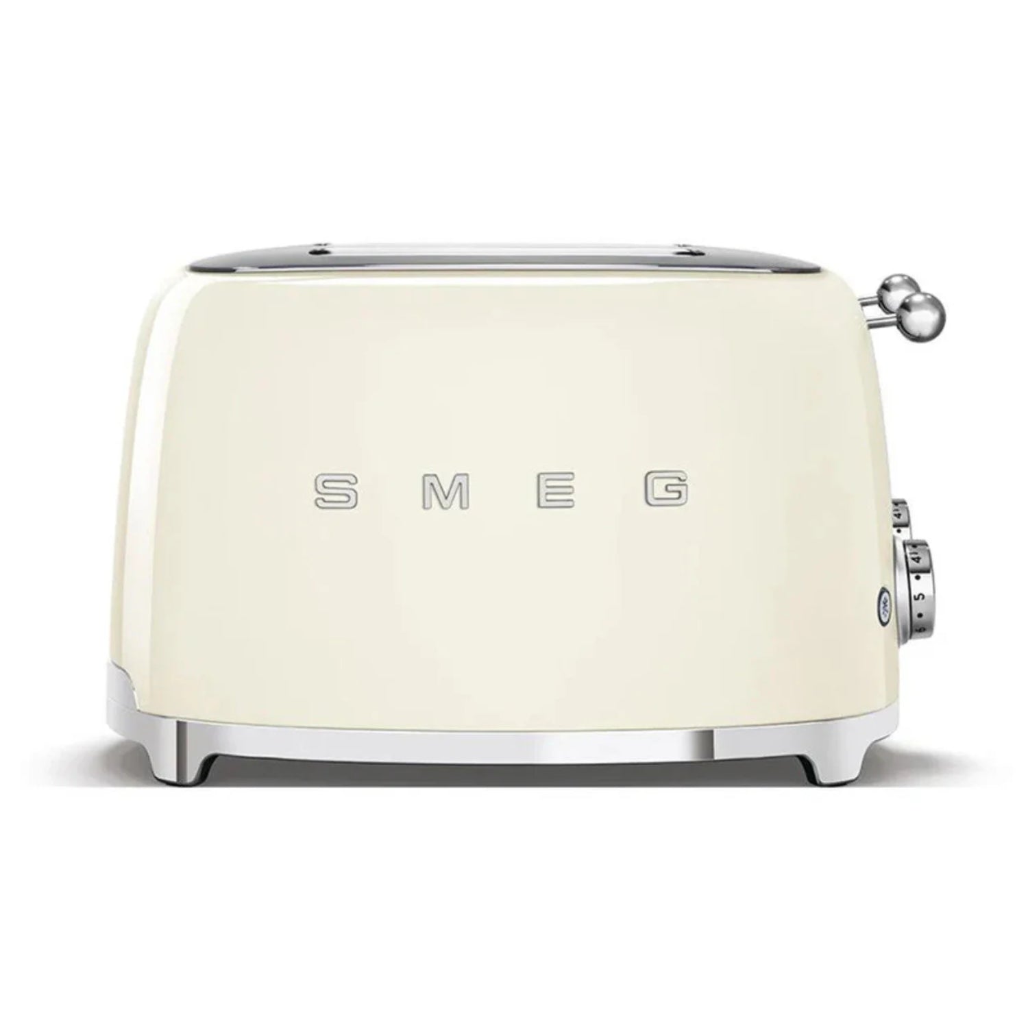 Tostadora SMEG crema frontal, diseño retro en cocina moderna