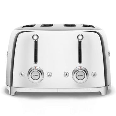 Tostadora SMEG blanca frontal, diseño moderno y elegante