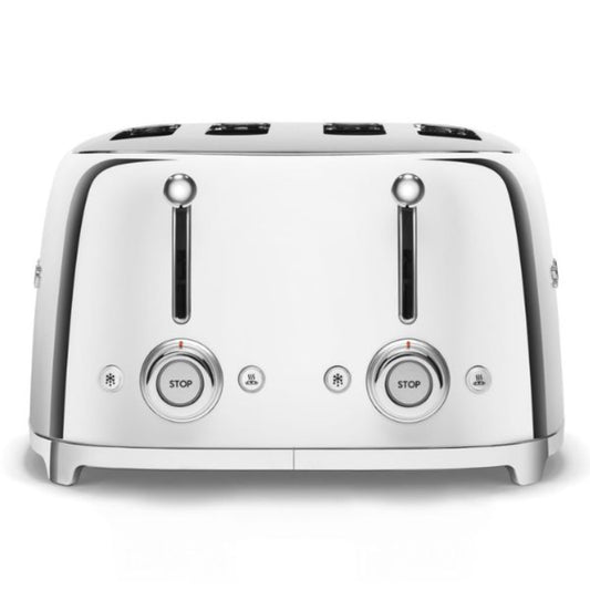 Tostadora SMEG blanca frontal, diseño moderno y elegante