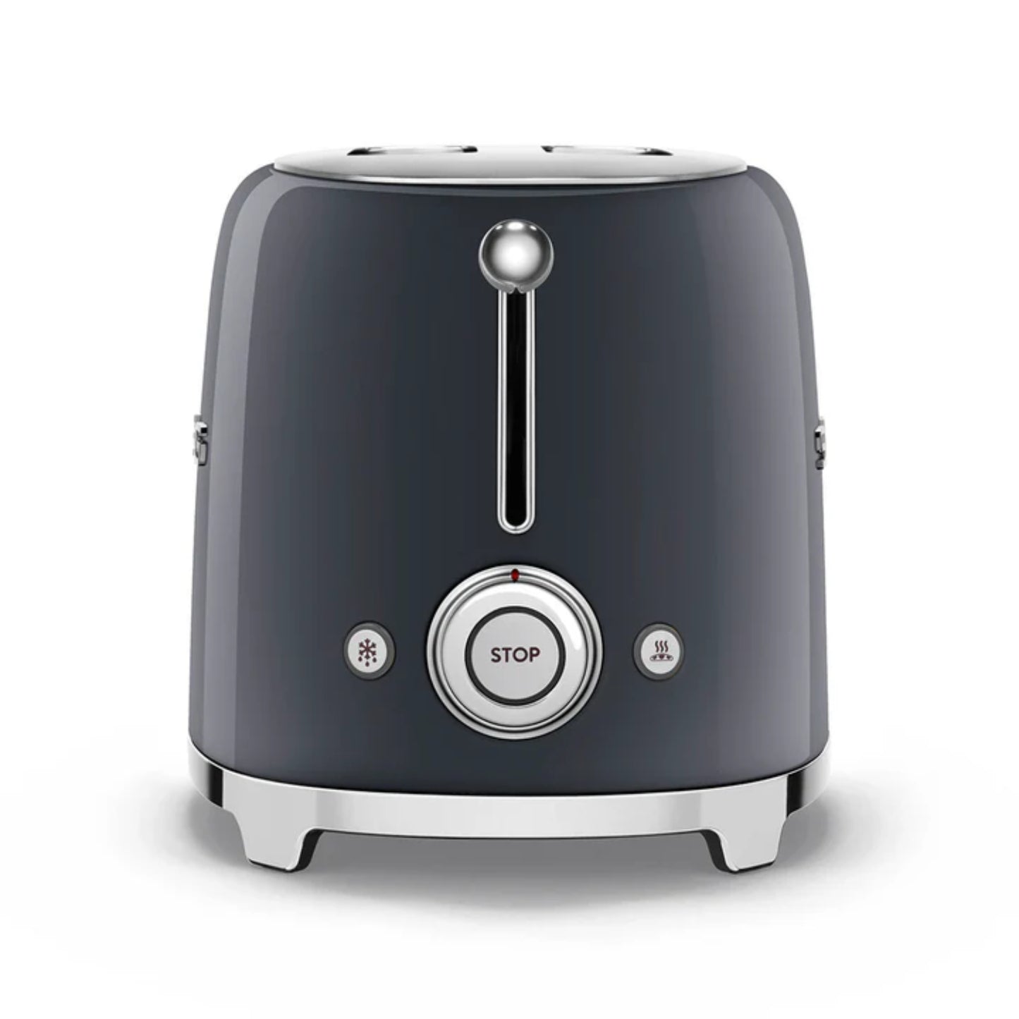 Tostadora SMEG gris frontal con control de tiempo en la cocina