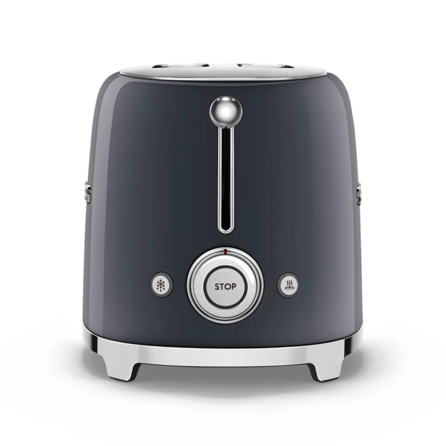 Tostadora SMEG gris frontal con control de tiempo en la cocina