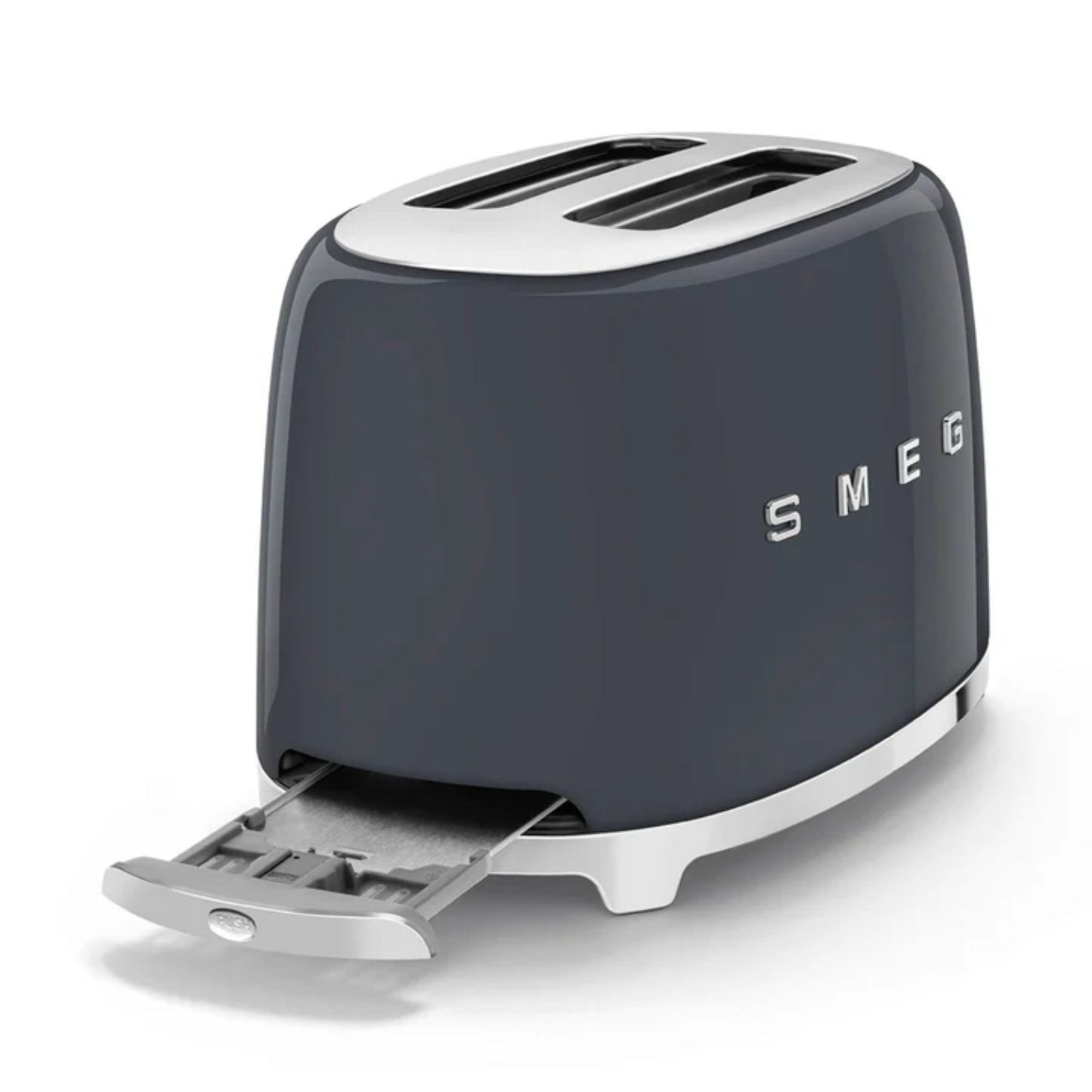 Tostadora SMEG gris con dos ranuras, vista lateral en cocina moderna