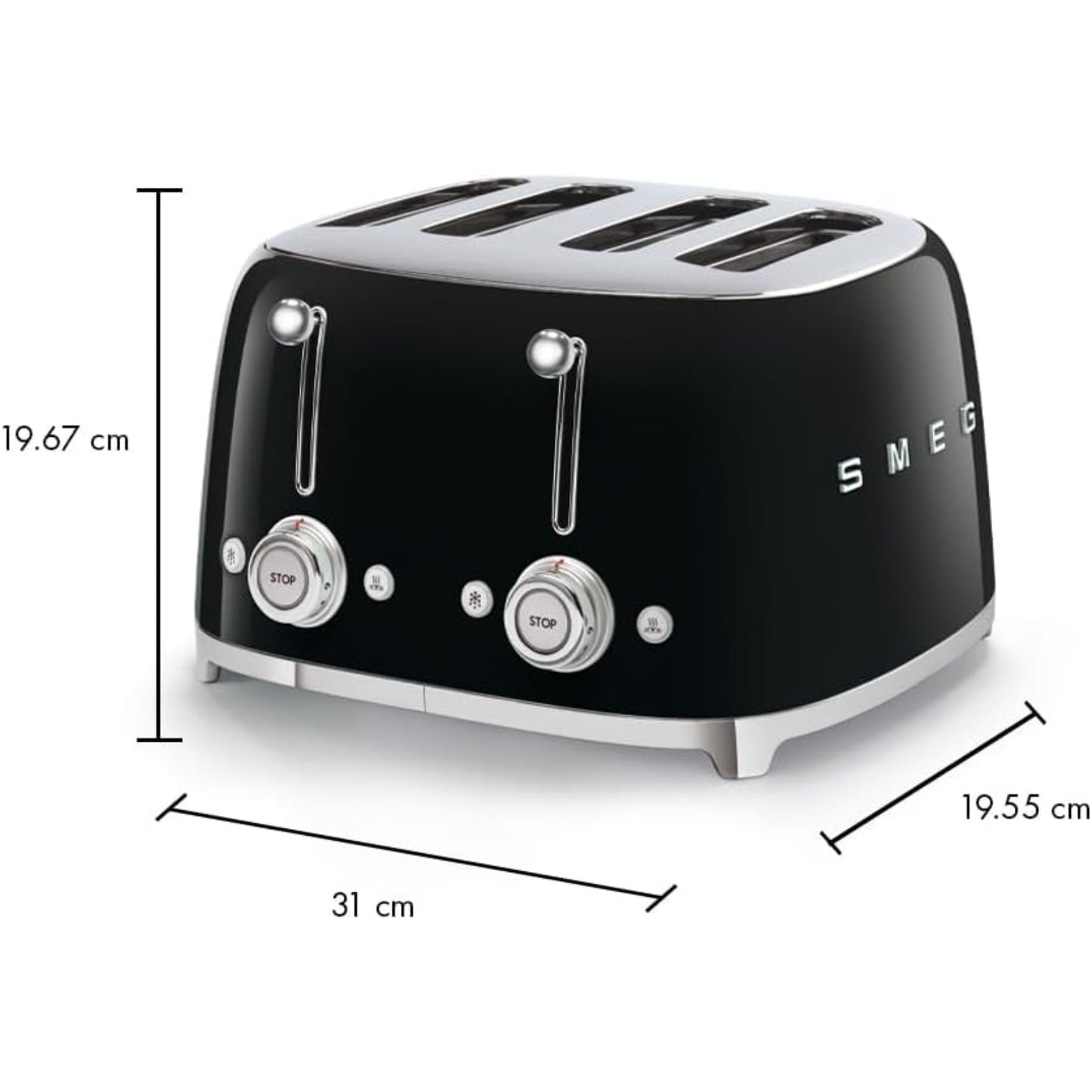 Tostadora SMEG negra, vista frontal, diseño retro en cocina moderna